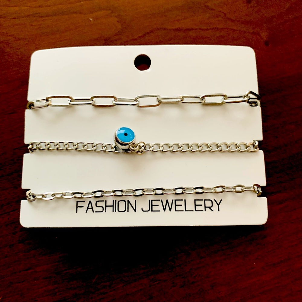 Fashion Jewelry set of three silver tone chain bracelets blue evil eye charm NWT